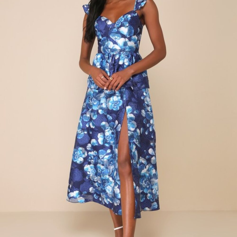 Lulus Memorable Poise Blue Floral Ruffled Bustier Midi Dress - Size XL